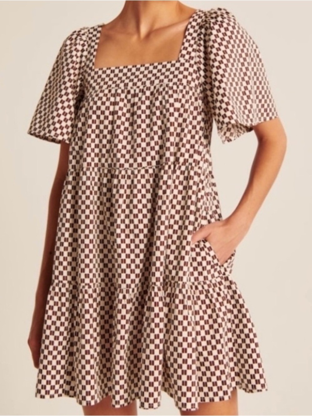 Abercrombie & Fitch Angel Sleeve Trapeze Mini Dress Brown Checkered Size Medium